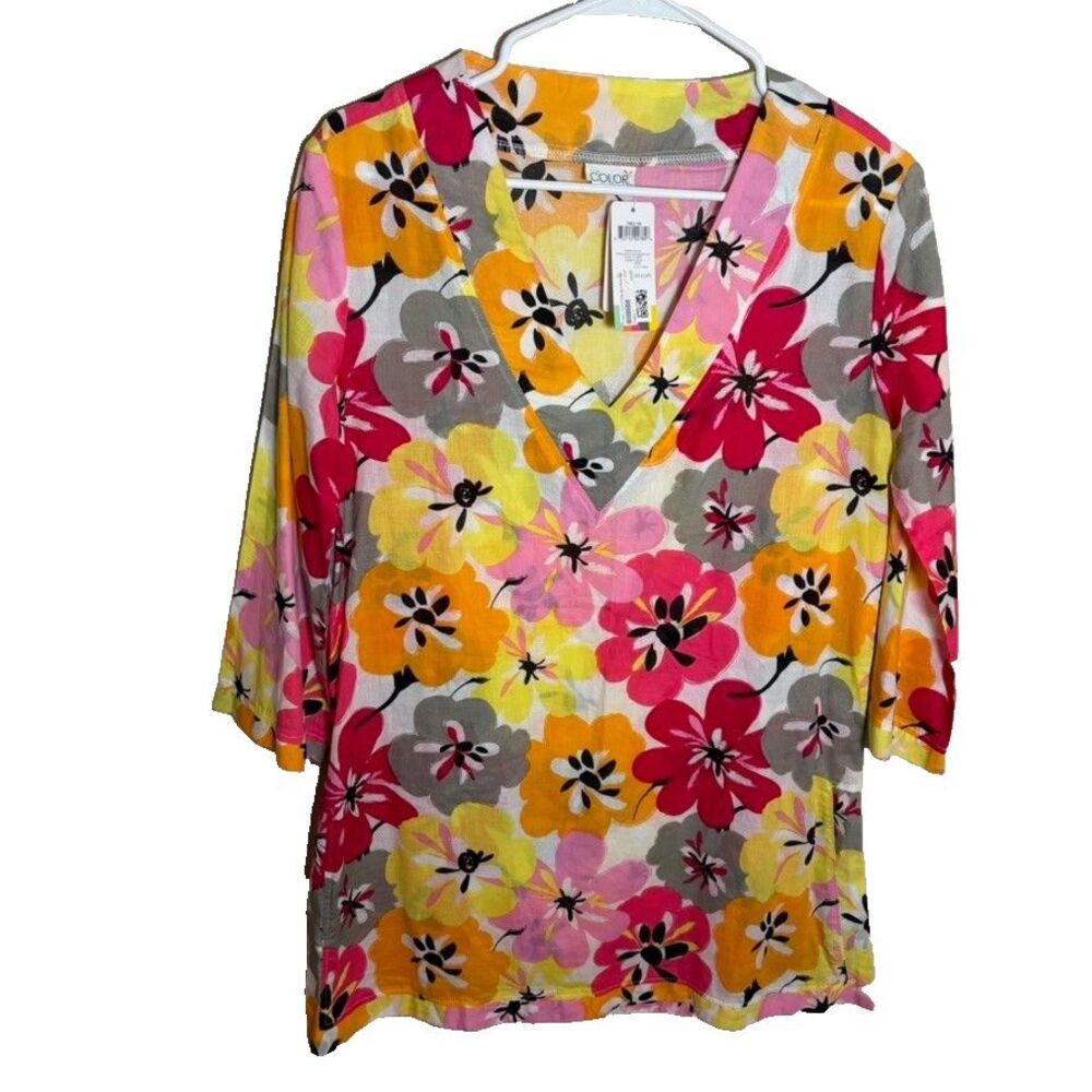 All For Color Blouse Women's Medium Colorful Floral V-Neck 3/4 Sleeve Top NWT